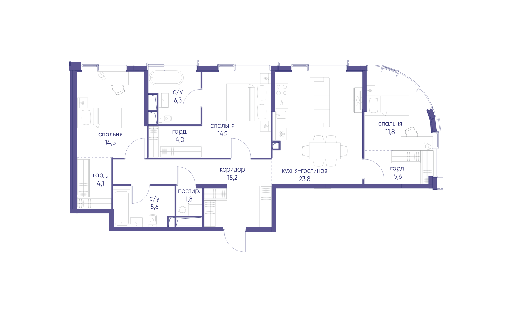 Планировка: 3-комнатная, 107.6 м², №126854