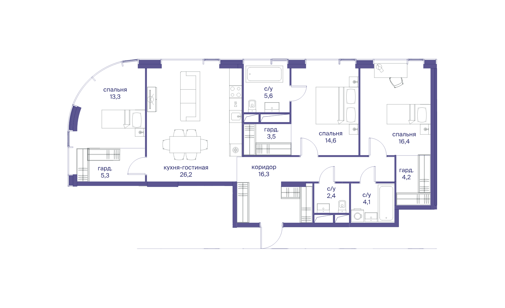 Планировка: 3-комнатная, 111.9 м²