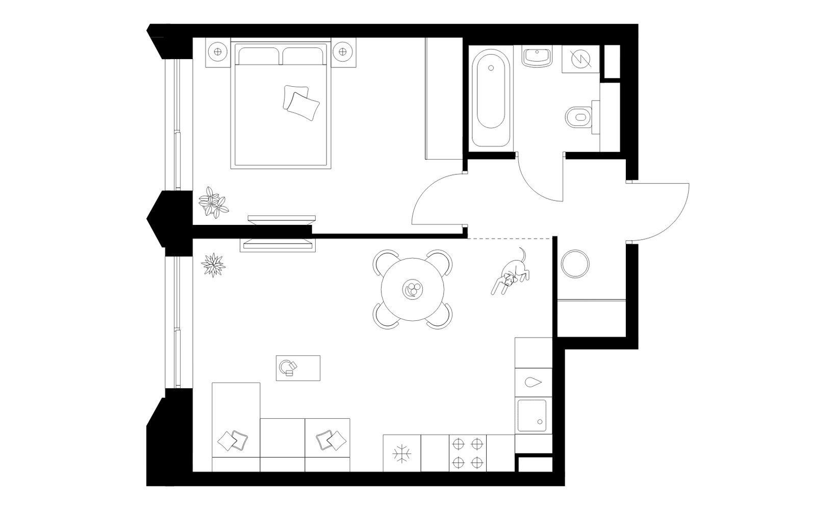 Планировка: 1-комнатная, 42.9 м²