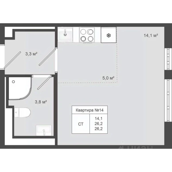 Планировка студии 26,2 м² в Яковлево