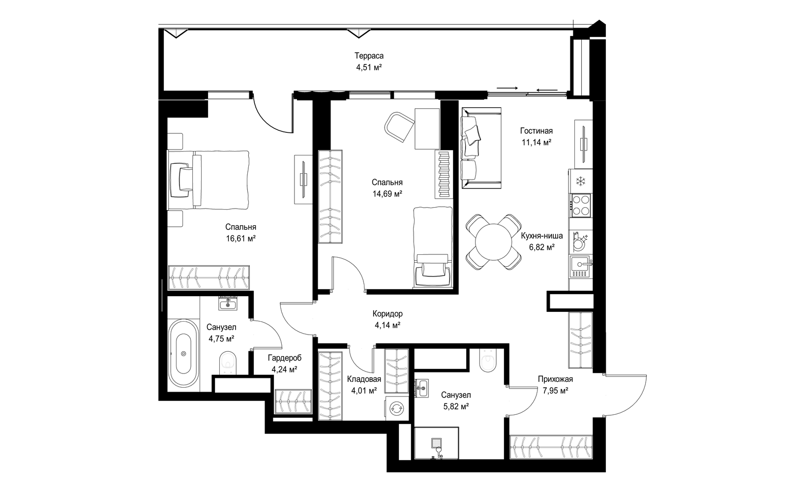 Планировка: 2-комнатная, 84.7 м²