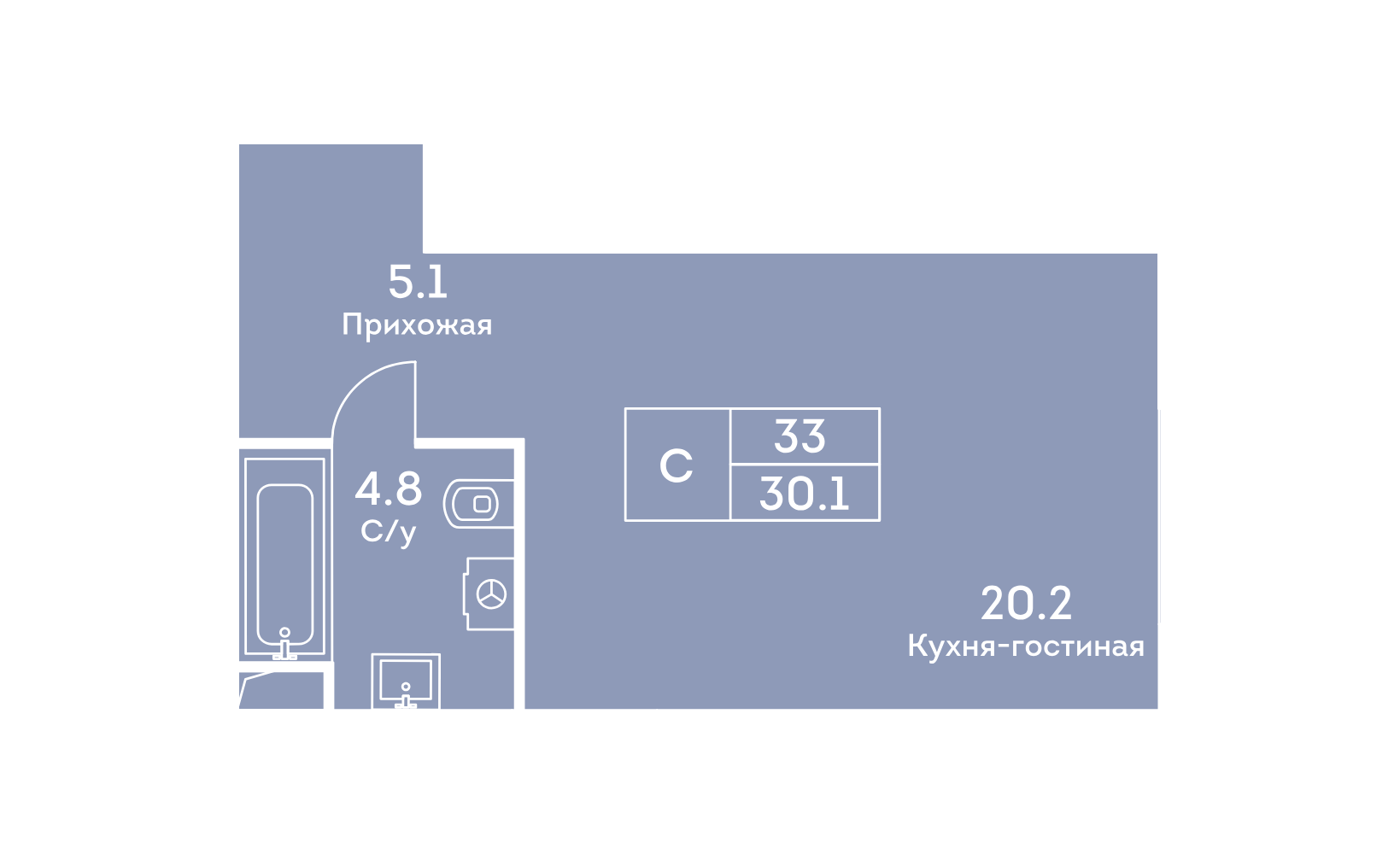 Планировка: 1-комнатная, 30 м²