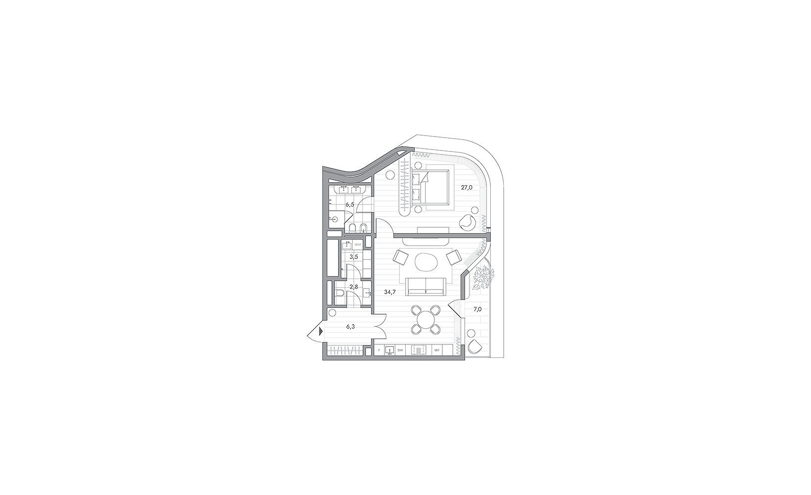 Планировка: 1-комнатная, 82.9 м²