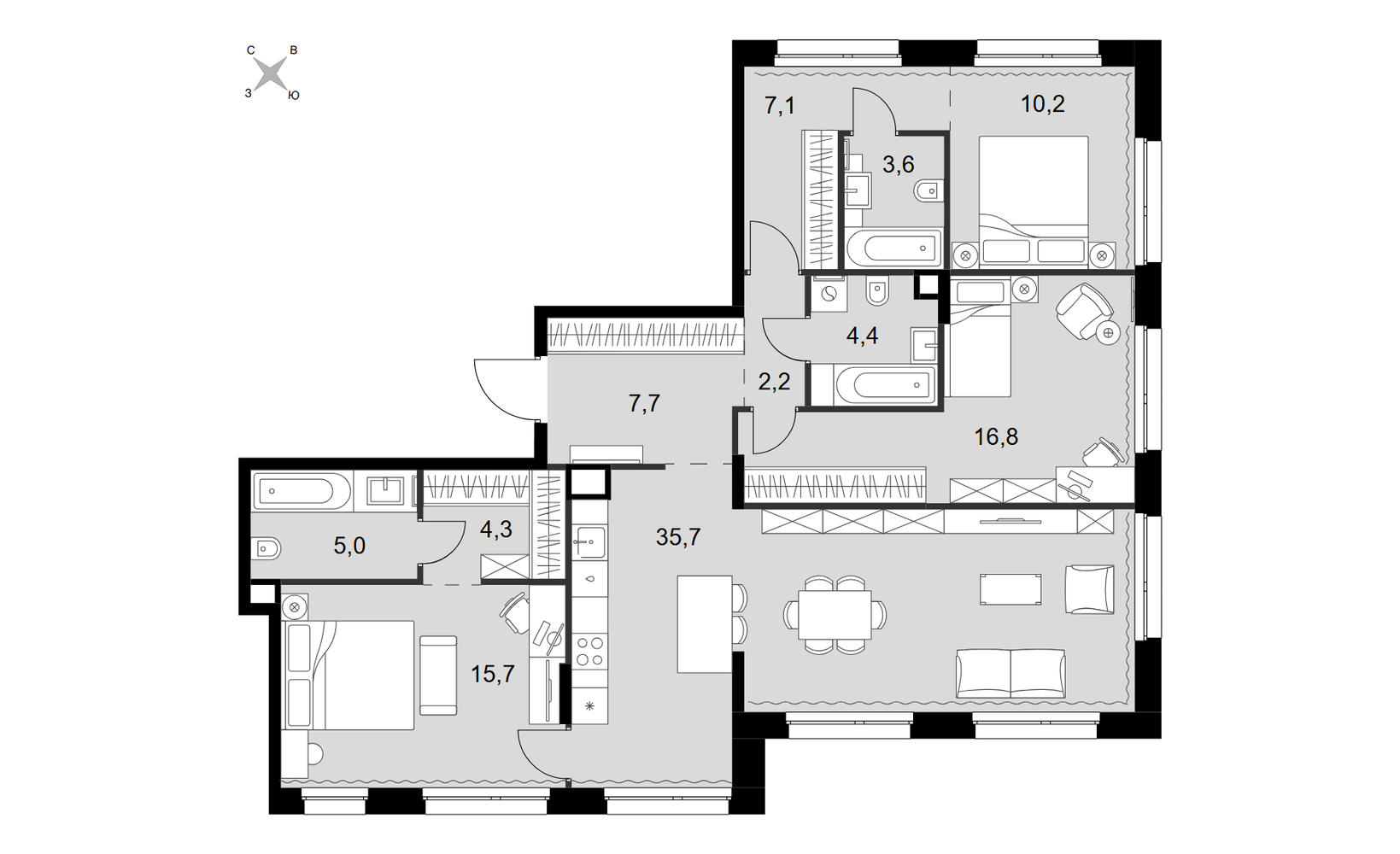 Планировка: 4-комнатная, 112.7 м²