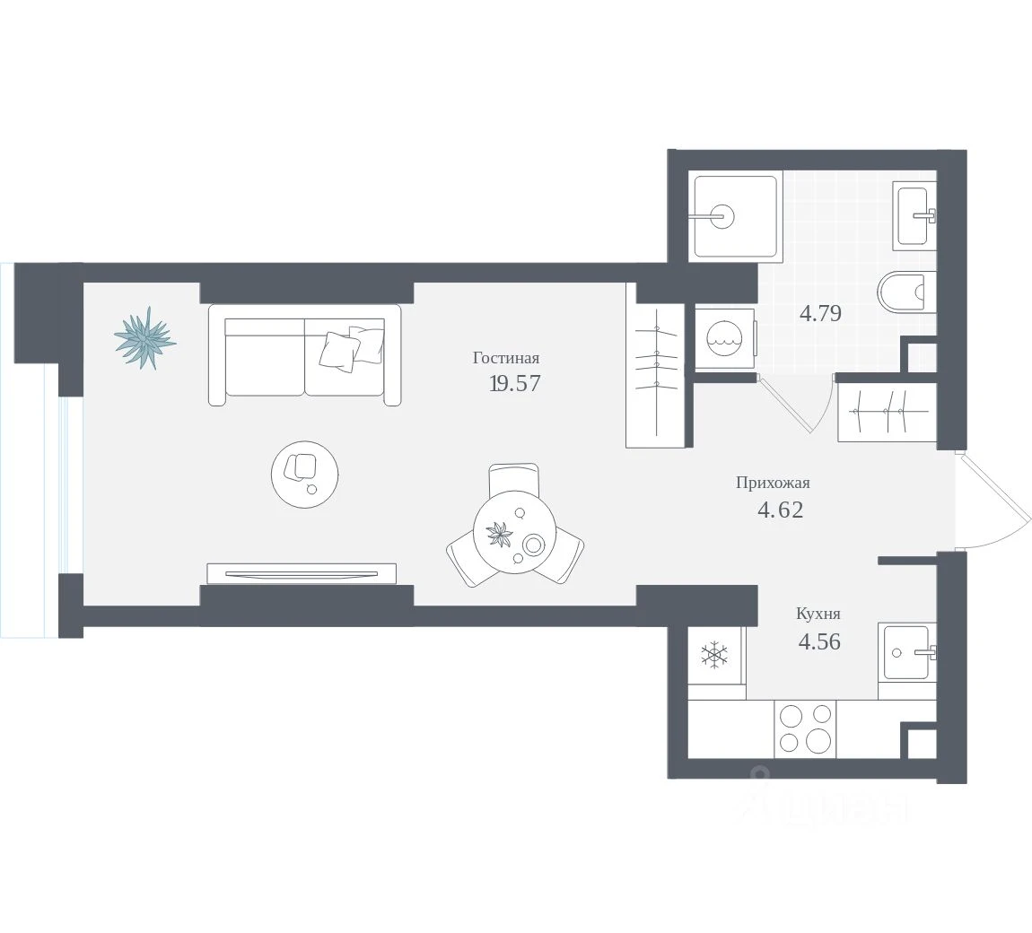Планировка: Студия, 33.54 м², №114775