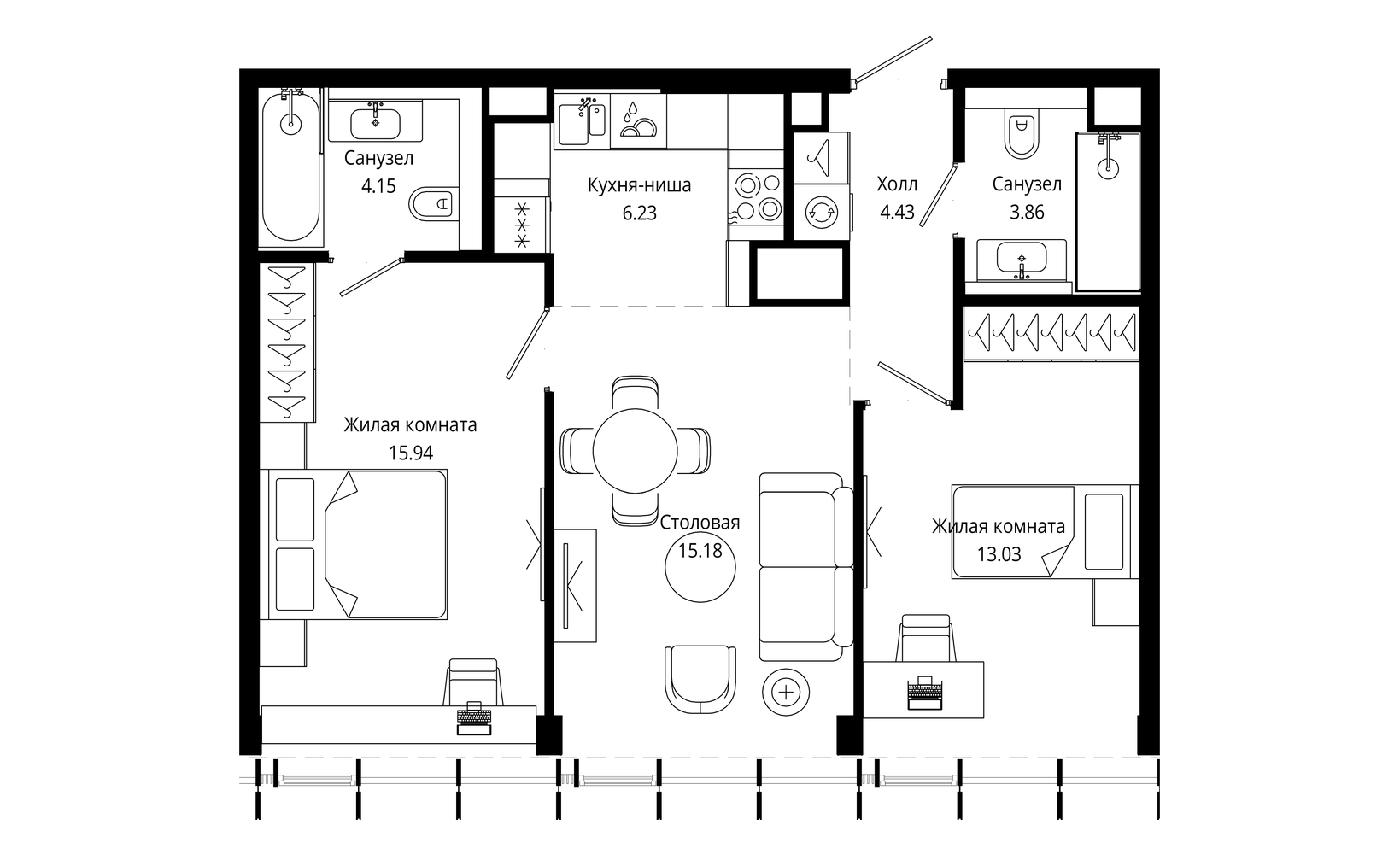 Планировка: 2-комнатная, 62.8 м²