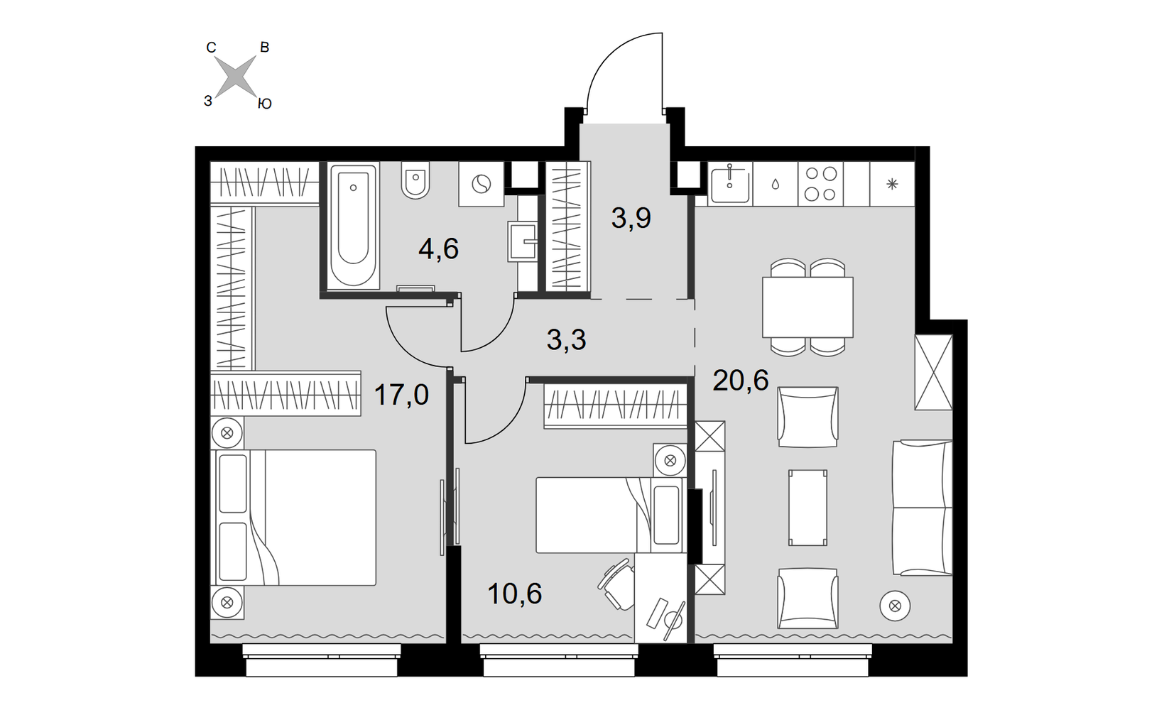 Планировка: 3-комнатная, 60 м²