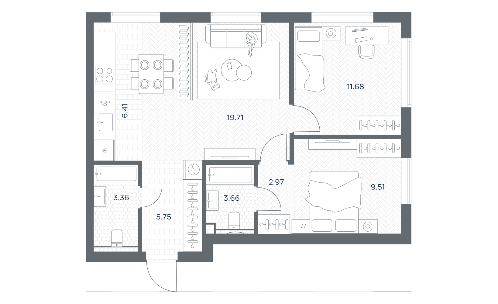Планировка: 2-комнатная, 63 м²