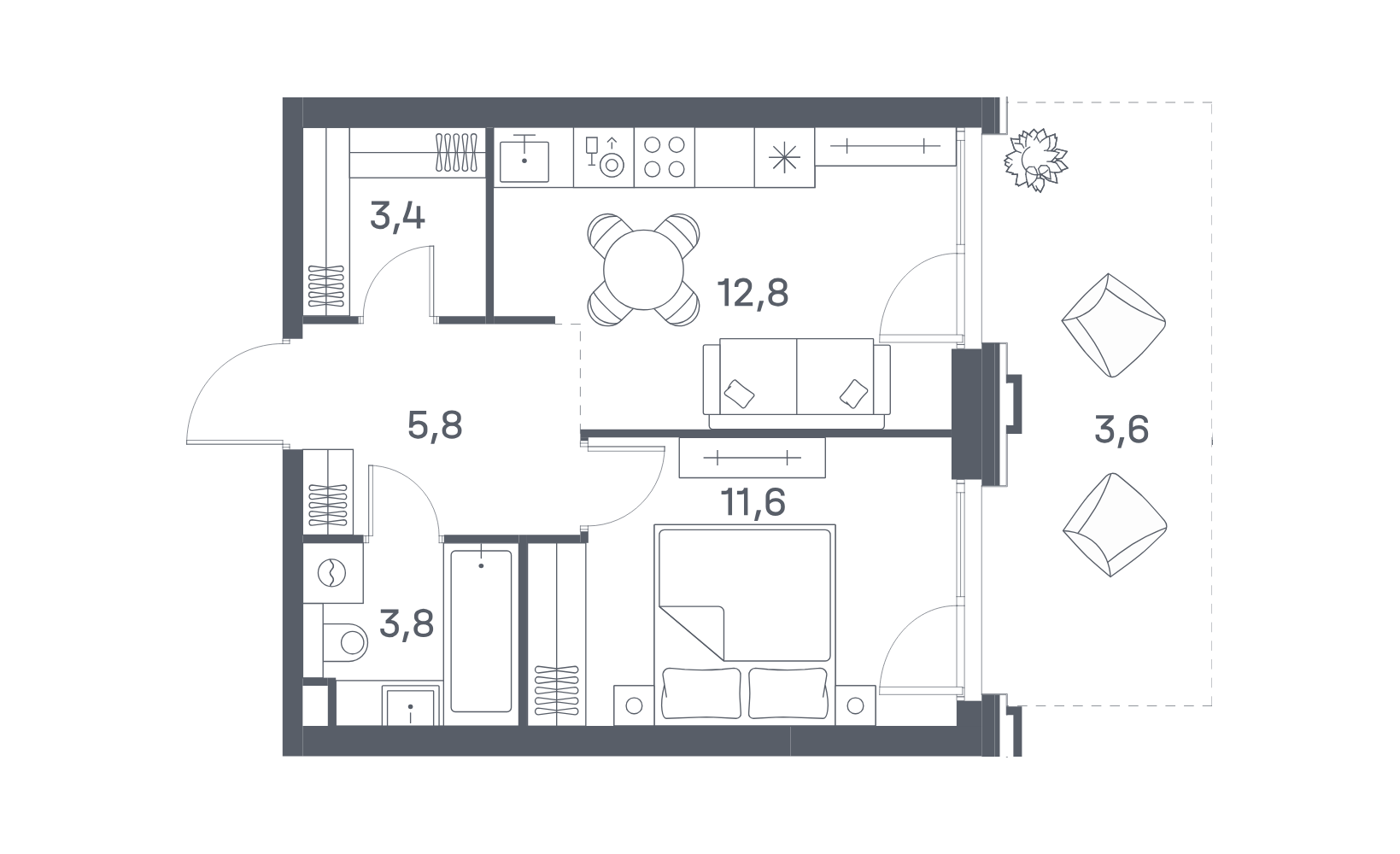 Планировка: 1-комнатная, 41 м²