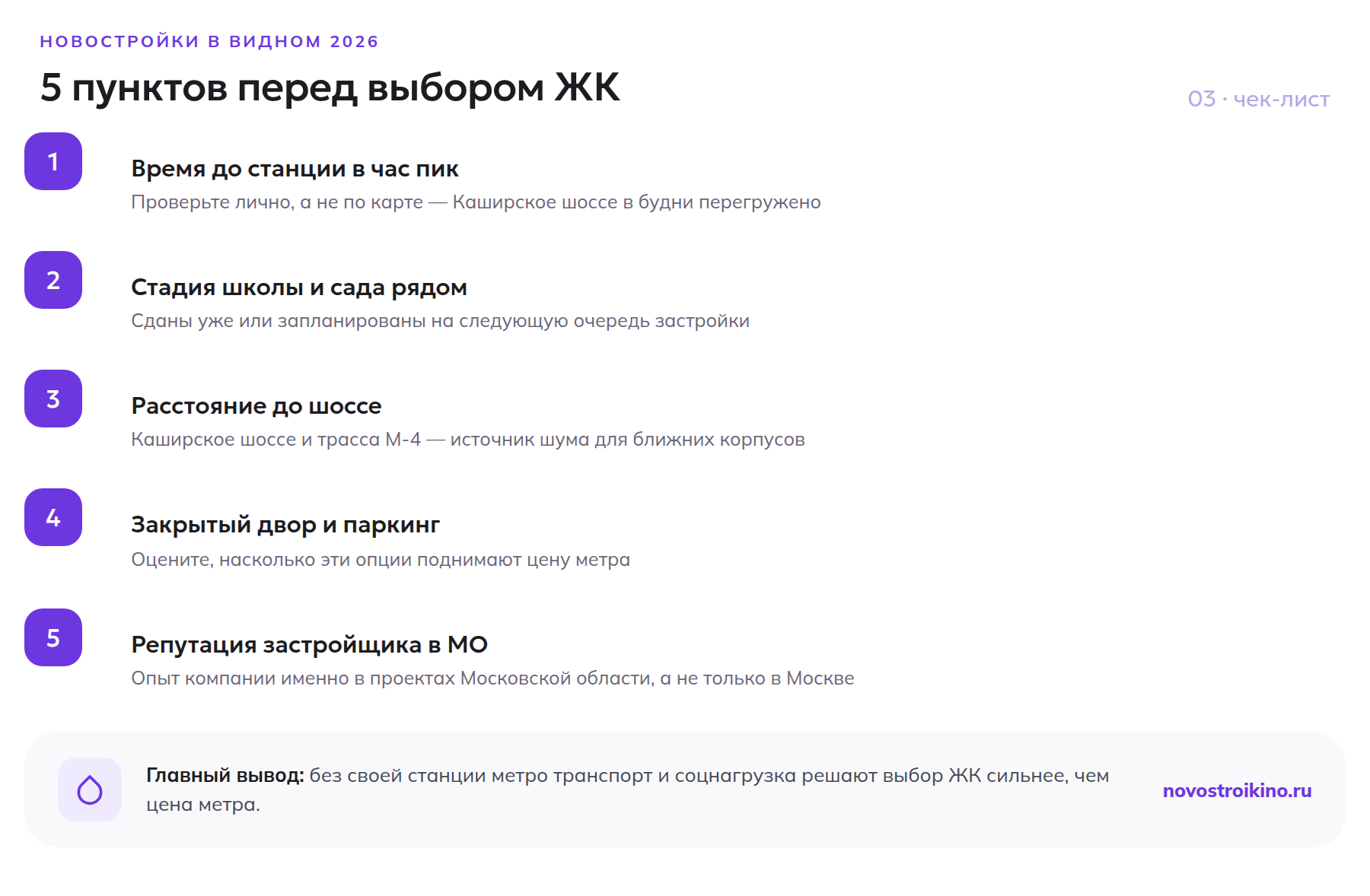 Чек-лист из 5 пунктов при выборе новостройки в Видном: время до станции в час пик, стадия школы и сада, расстояние до шоссе, закрытый двор, репутация застройщика