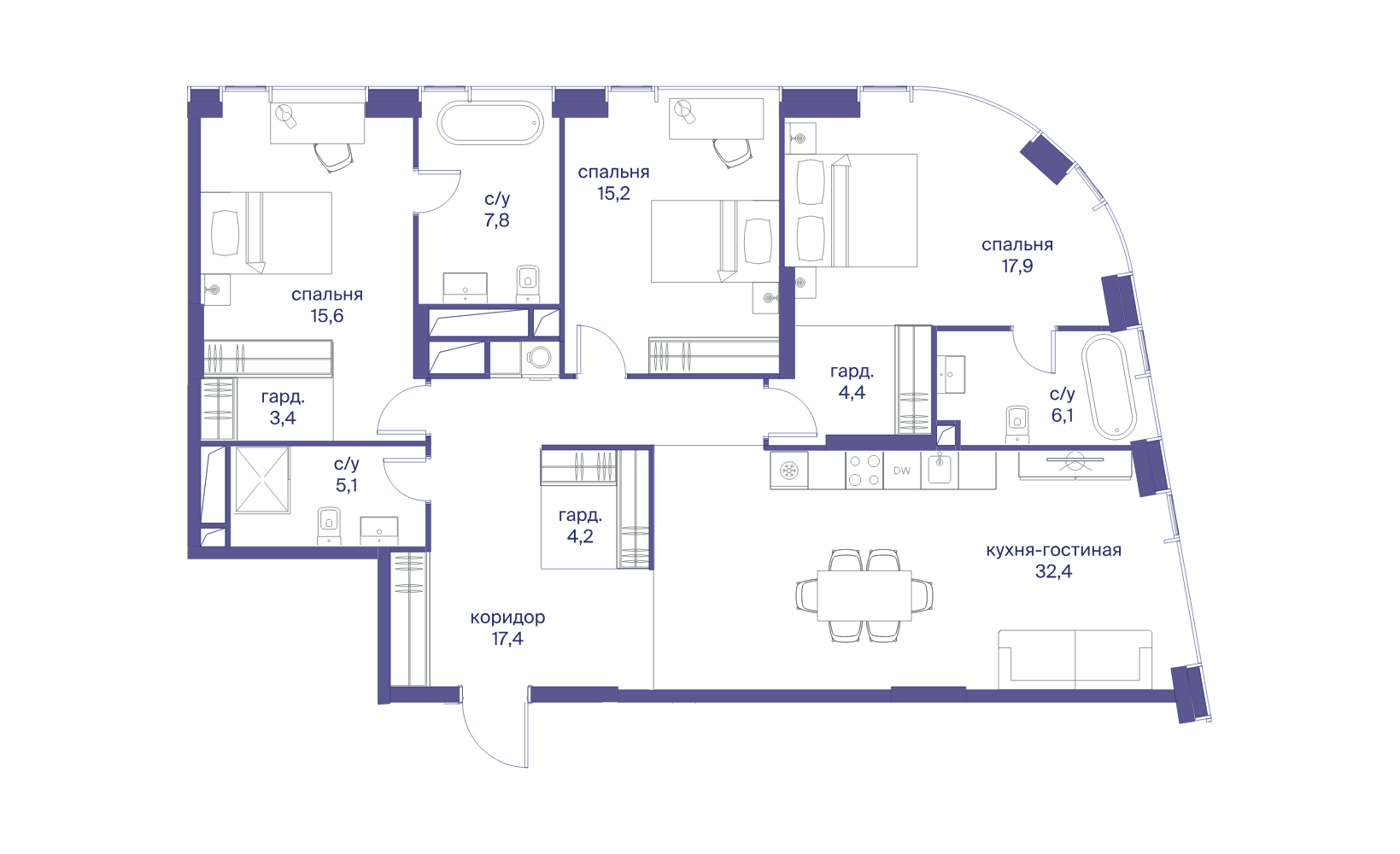 Планировка: 3-комнатная, 129.5 м²