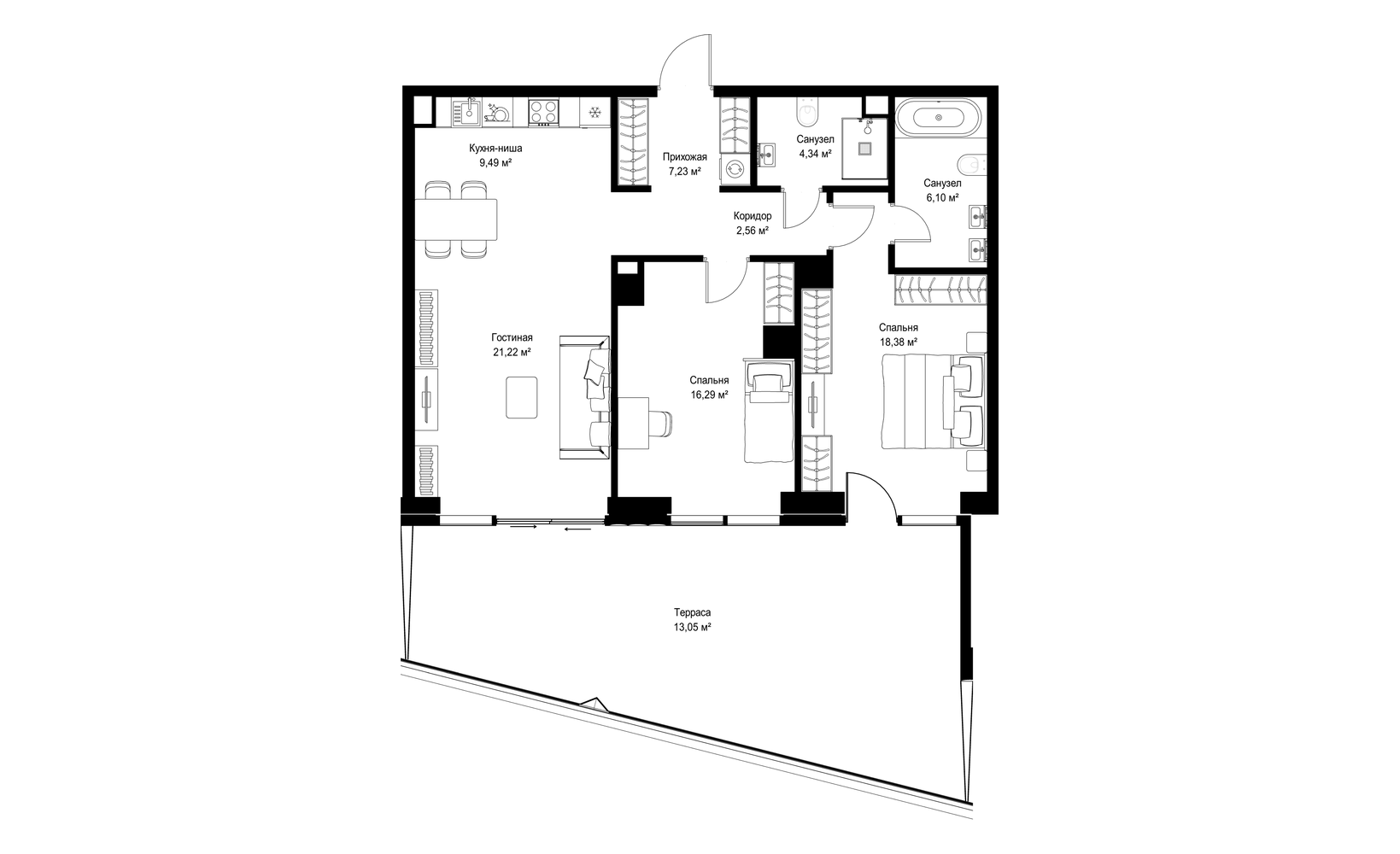 Планировка: 2-комнатная, 98.7 м²