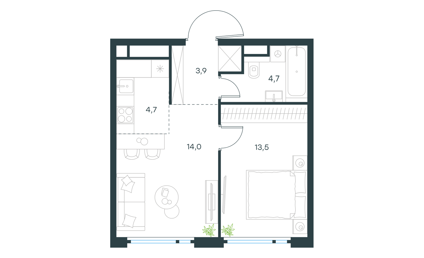 Планировка: 2-комнатная, 40.8 м²