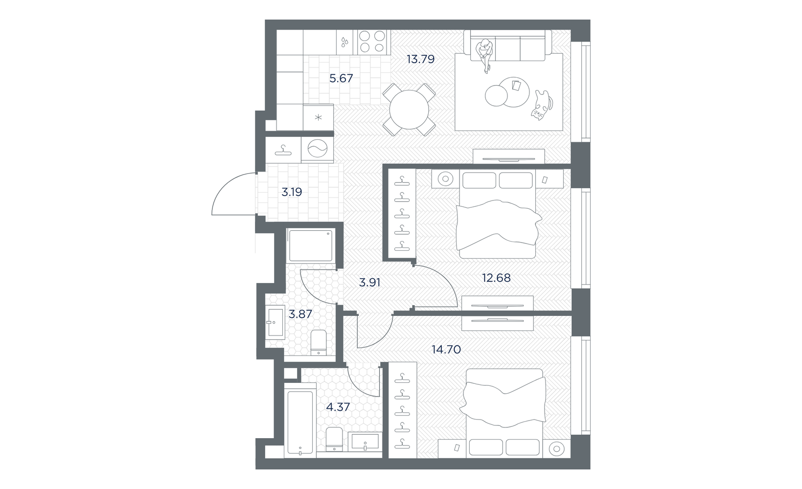 Планировка: 2-комнатная, 62.2 м²
