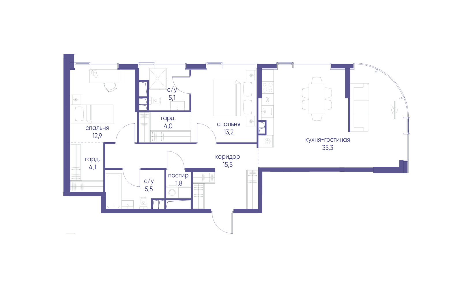 Планировка: 2-комнатная, 97.4 м², №126852