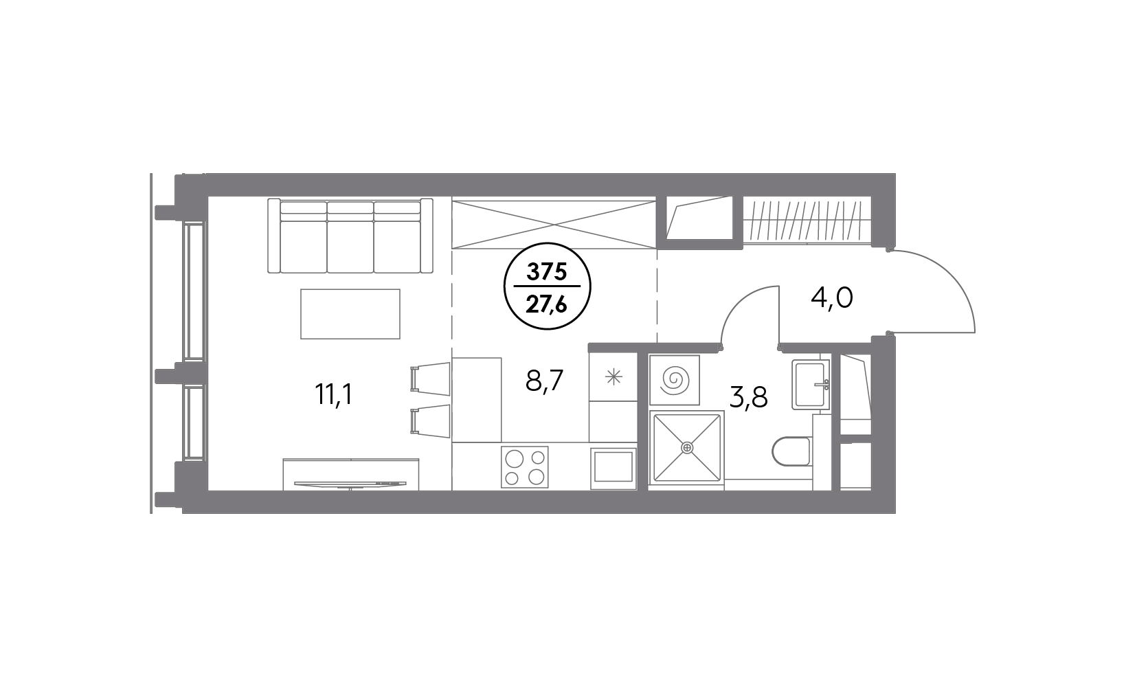 Планировка: Студия, 27.6 м²