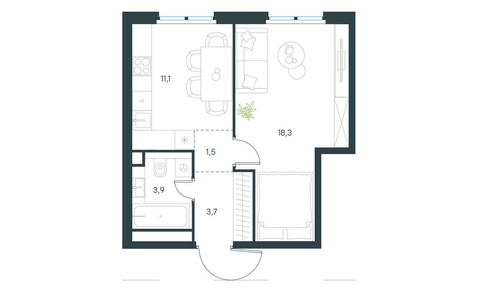 Планировка: 1-комнатная, 38.5 м²