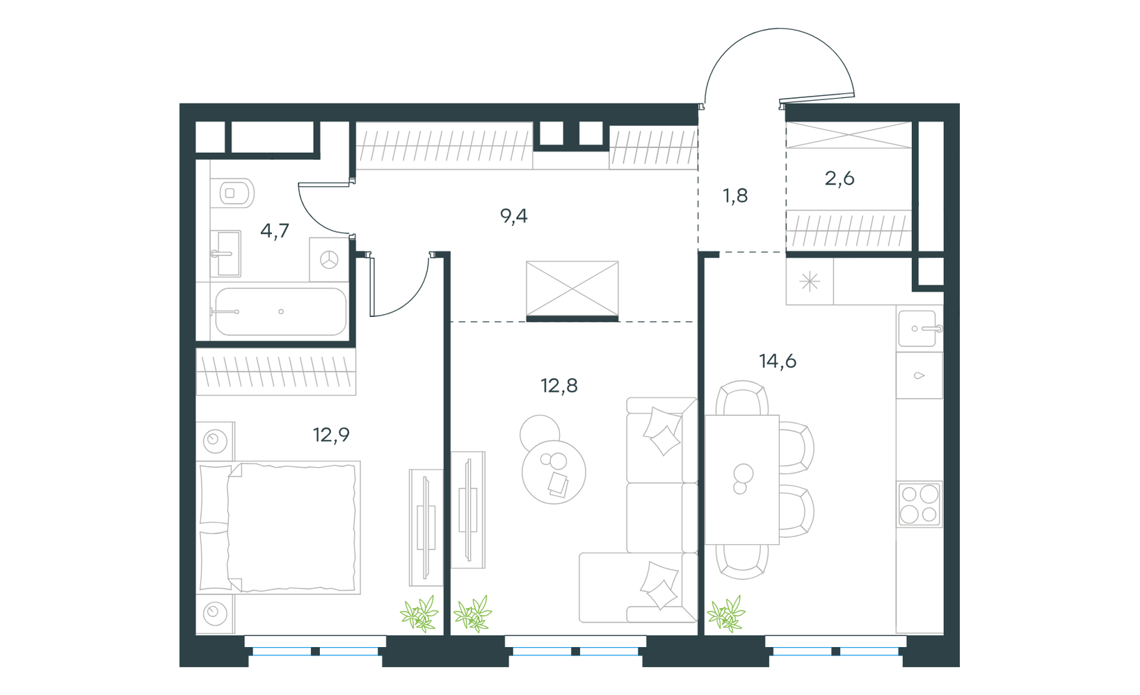 Планировка: 2-комнатная, 58.8 м²