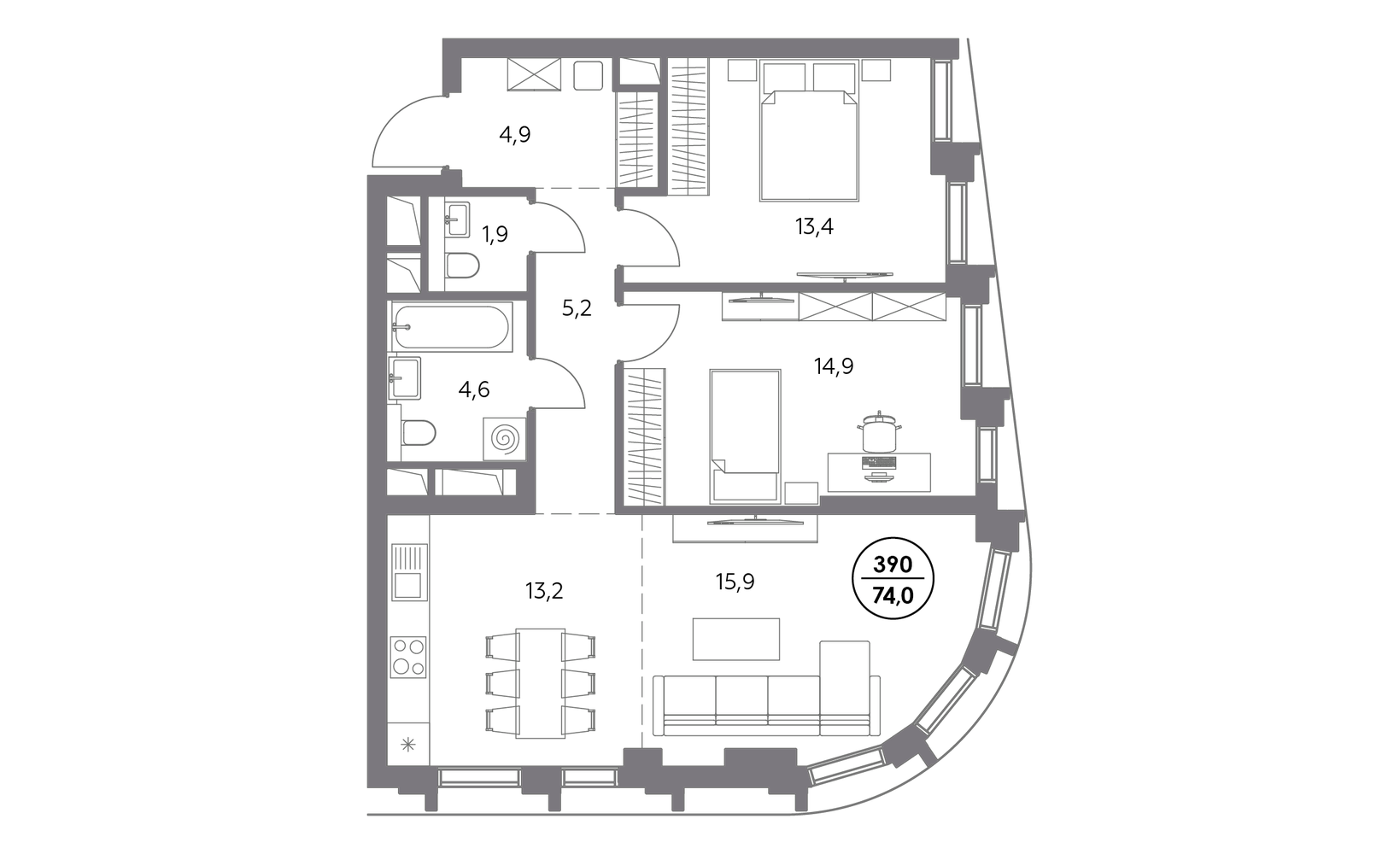 Планировка: 2-комнатная, 74 м²