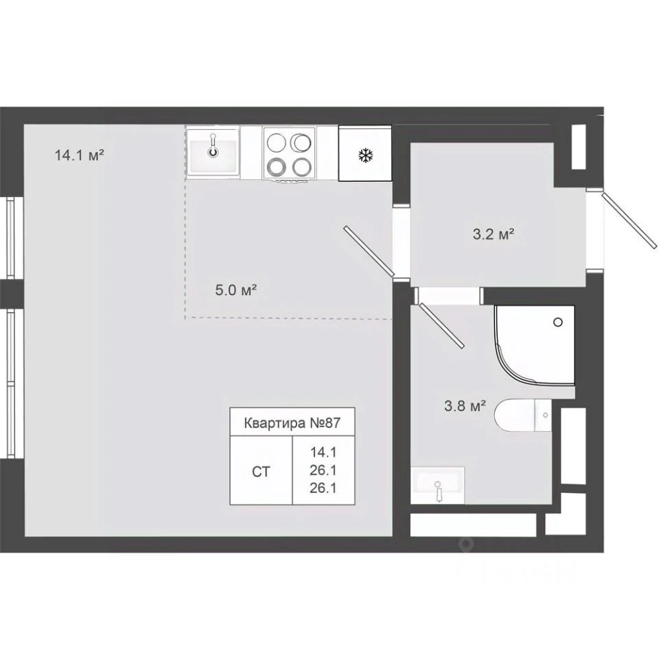 Планировка: Студия, 26.1 м², №116102
