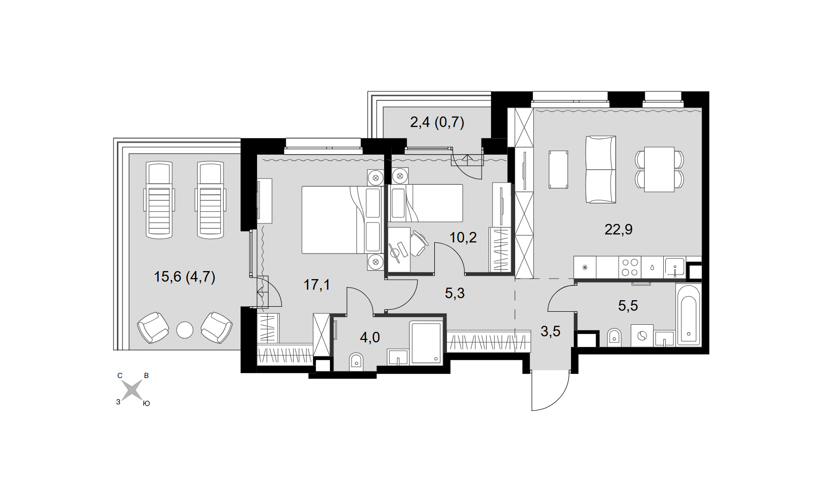 Планировка: 3-комнатная, 73.9 м²