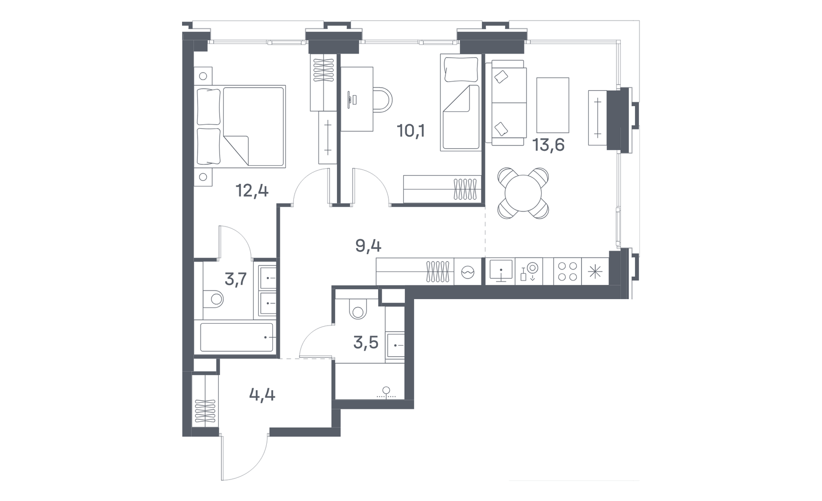 Планировка: Двухкомнатная квартира ЖК «Portland (Портленд)», 57.1 м², №2857