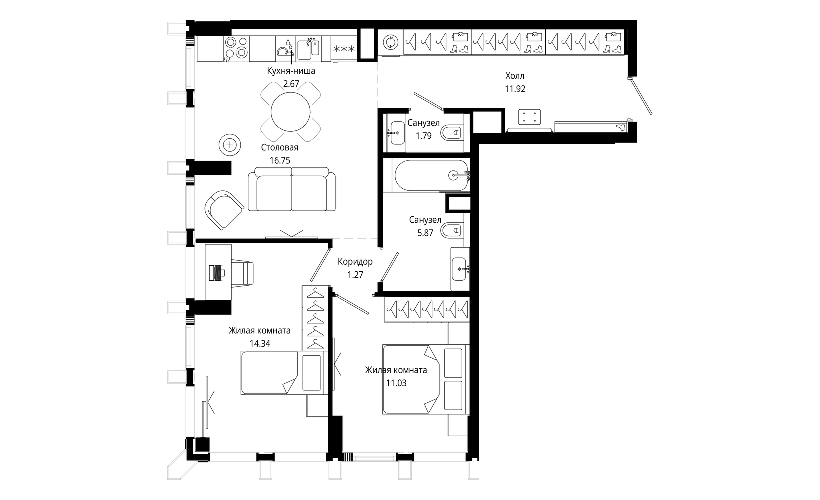 Планировка: 2-комнатная, 66 м²