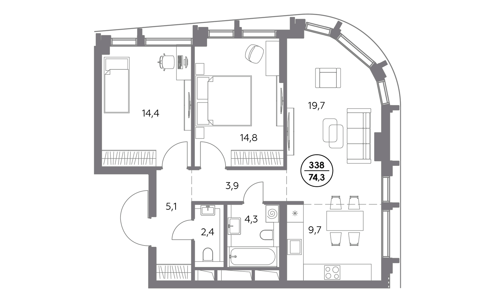 Планировка: 2-комнатная, 74.3 м², №125880