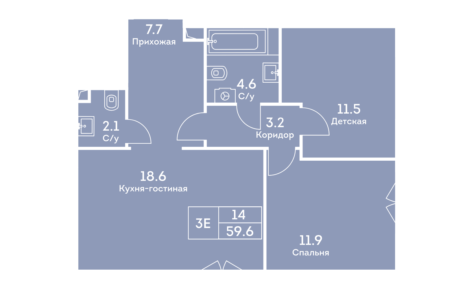 Планировка: 3-комнатная, 59.8 м²