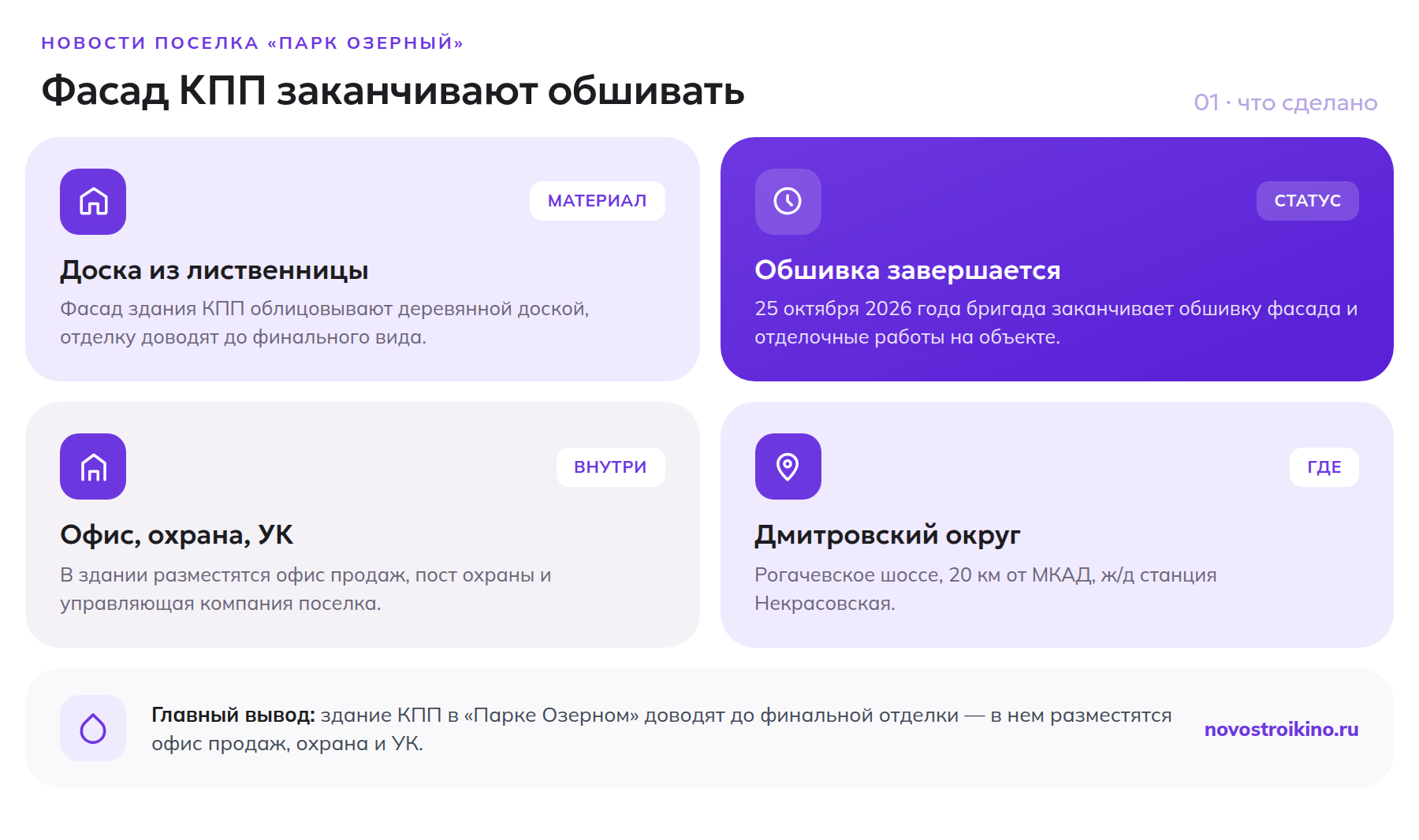 В поселке «Парк Озерный» заканчивают обшивку фасада здания КПП доской из лиственницы; в здании разместятся офис продаж, охрана и управляющая компания, поселок находится в Дмитровском округе, по Рогачевскому шоссе