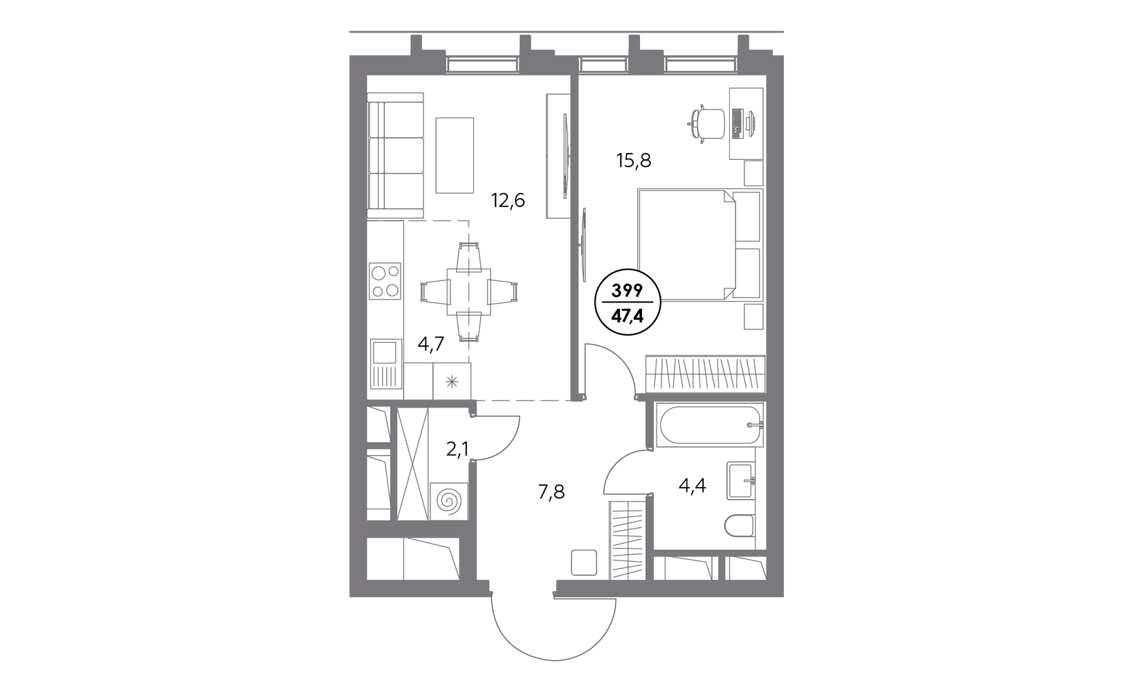 Планировка: 1-комнатная, 47.4 м², №125867