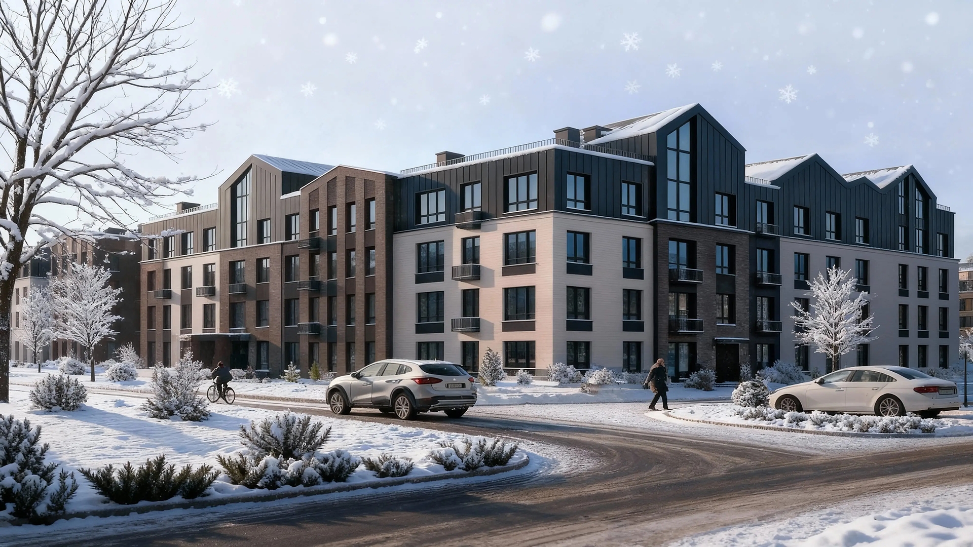 Дома-таунхаусы в коттеджном поселке зимой