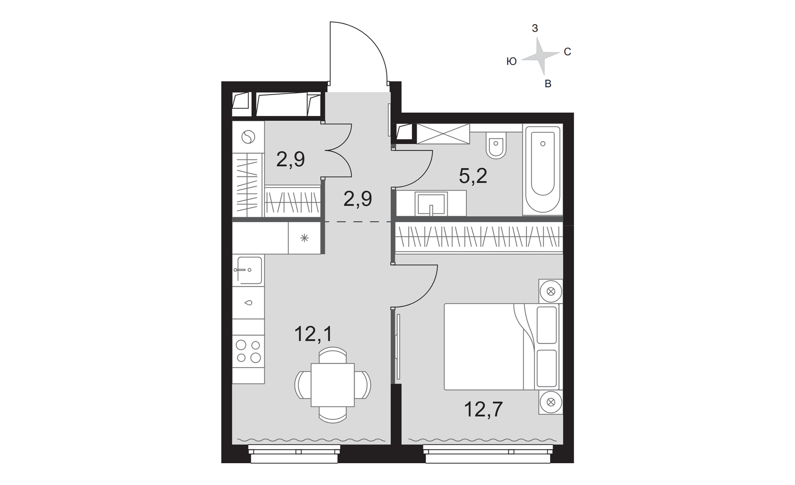 Планировка: 1-комнатная, 35.8 м²