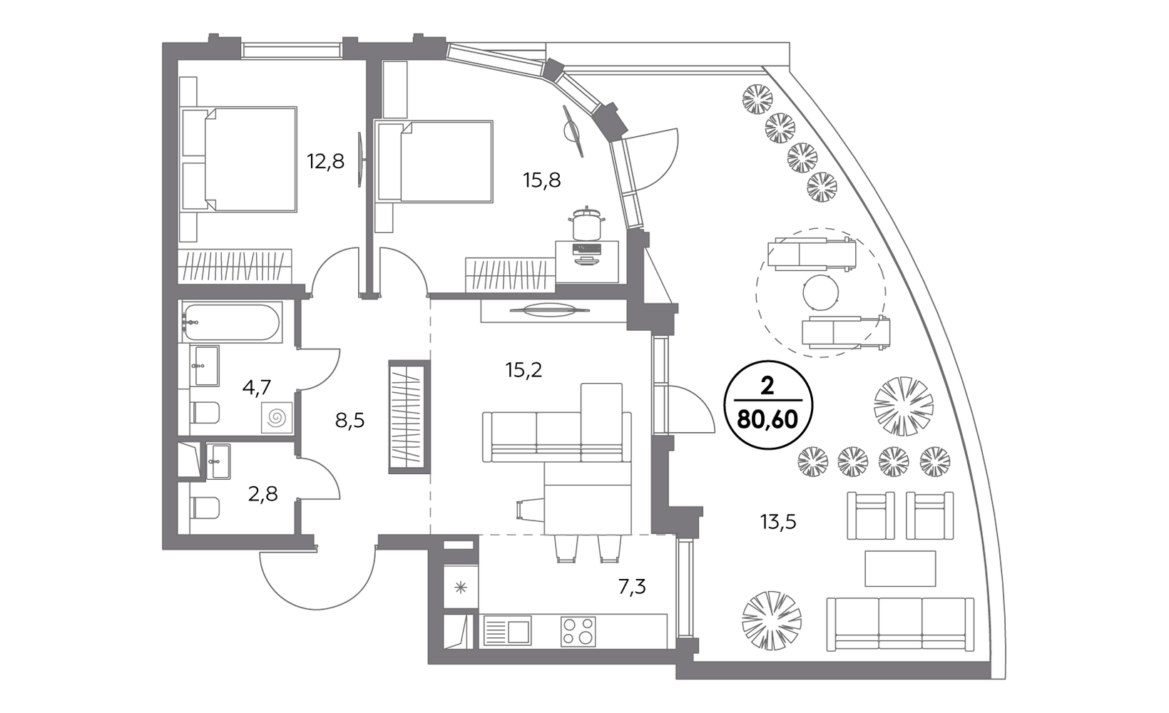 Планировка: 2-комнатная, 80.6 м²