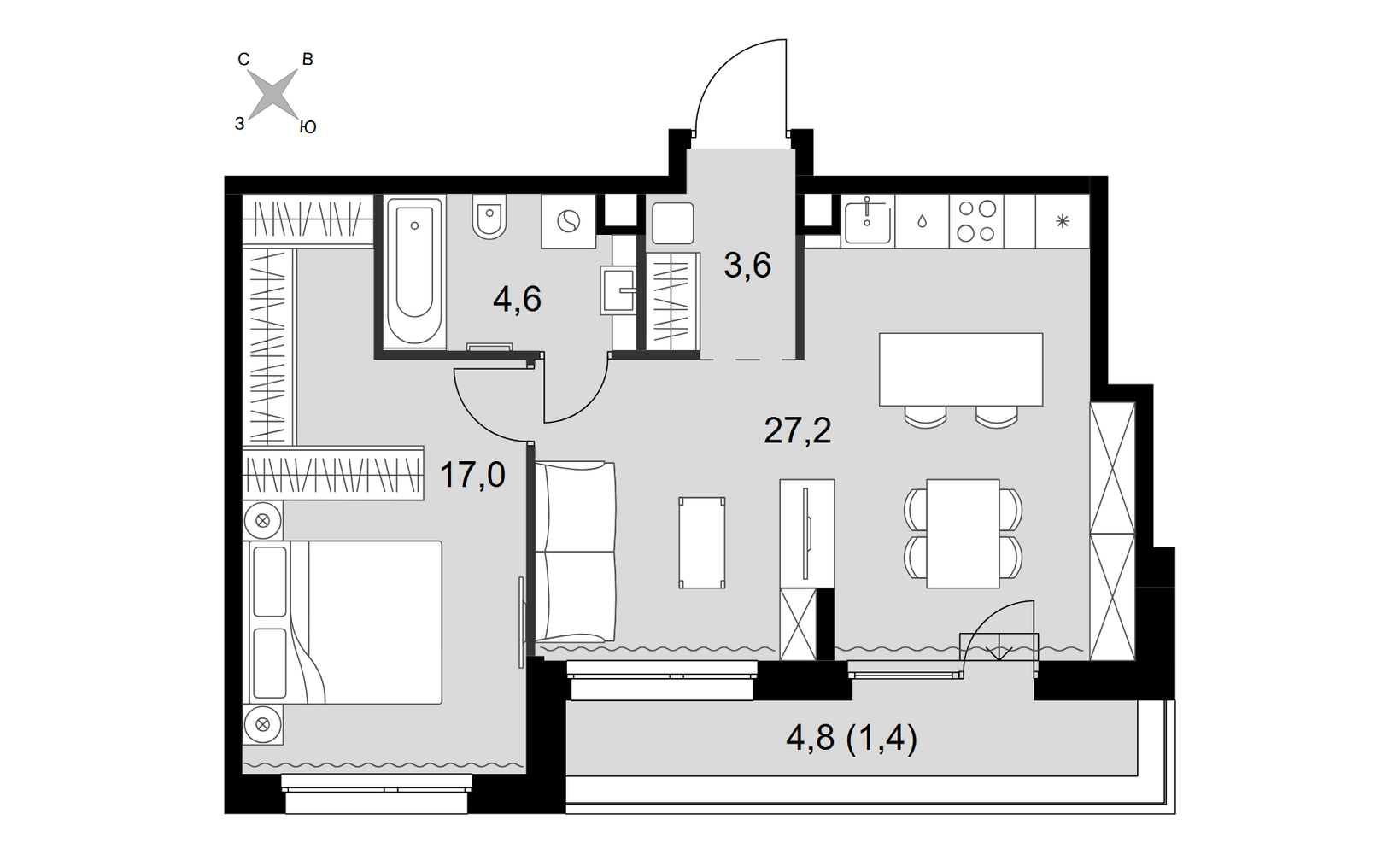 Планировка: 2-комнатная, 53.8 м²