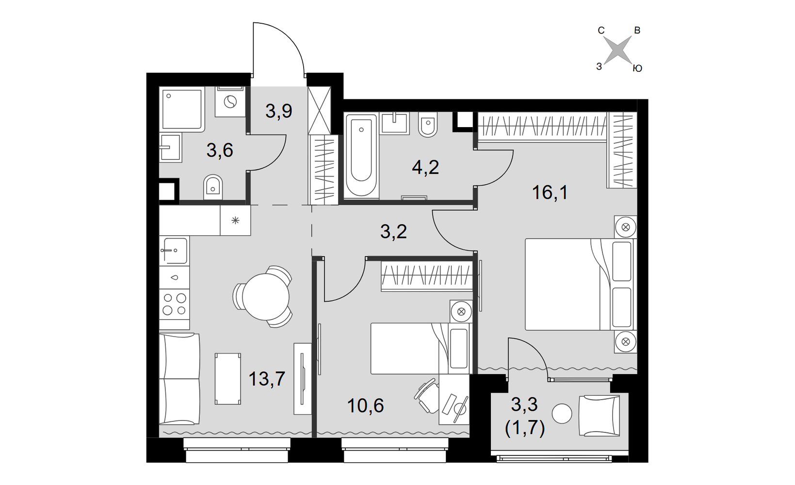 Планировка: 2-комнатная, 57 м²