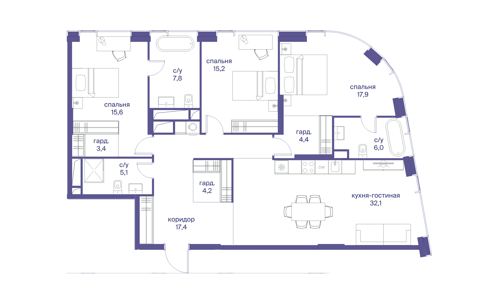 Планировка: 3-комнатная, 129.4 м²