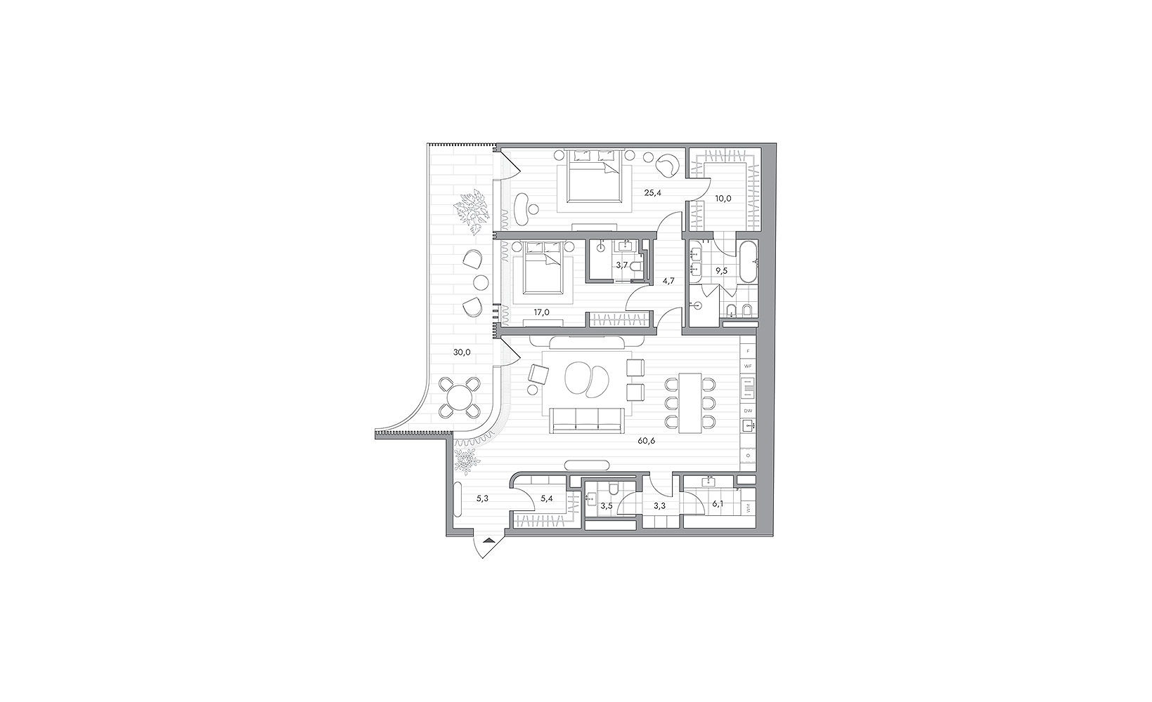 Планировка: 2-комнатная, 163.8 м², №127068