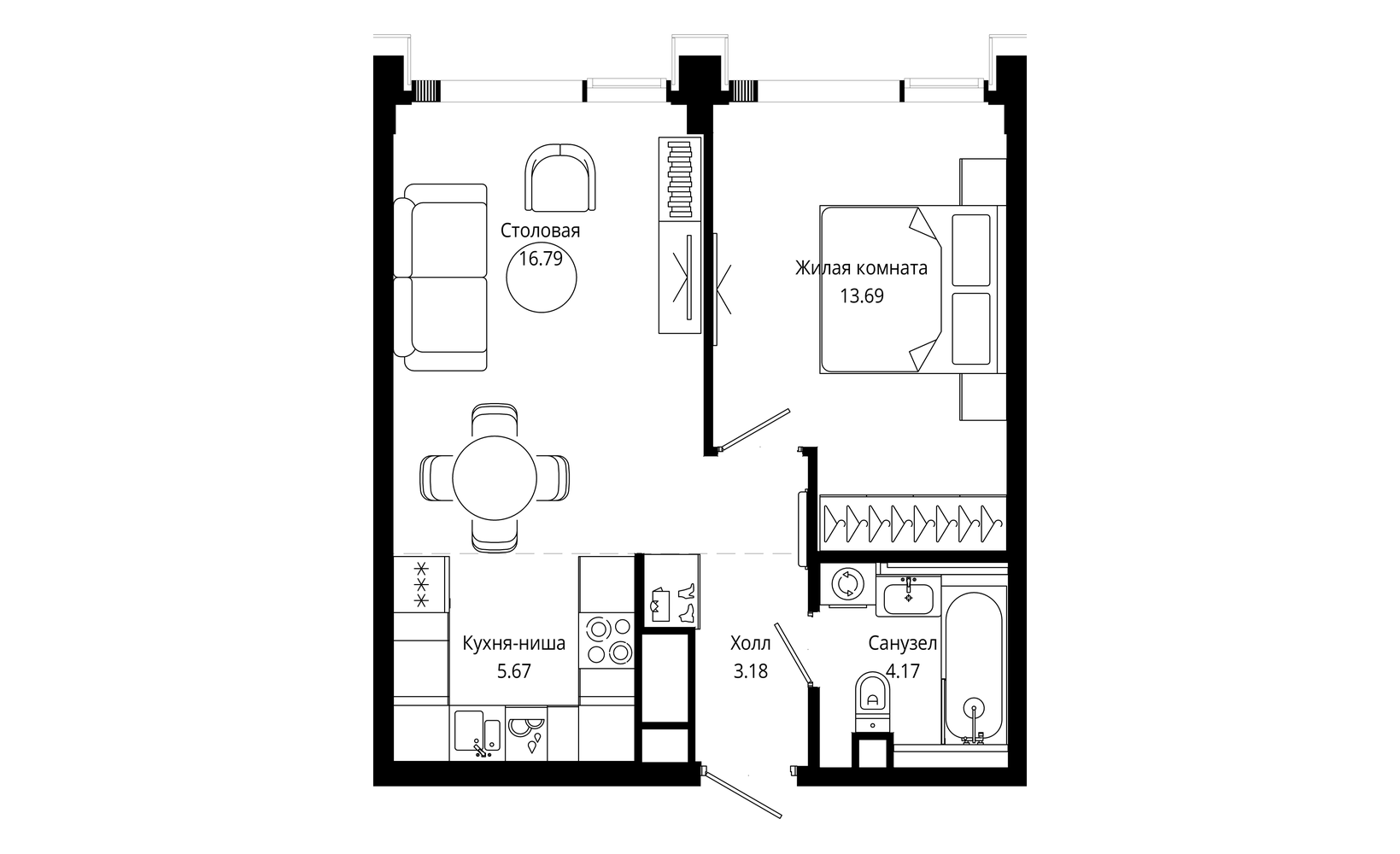 Планировка: 1-комнатная, 44.4 м²