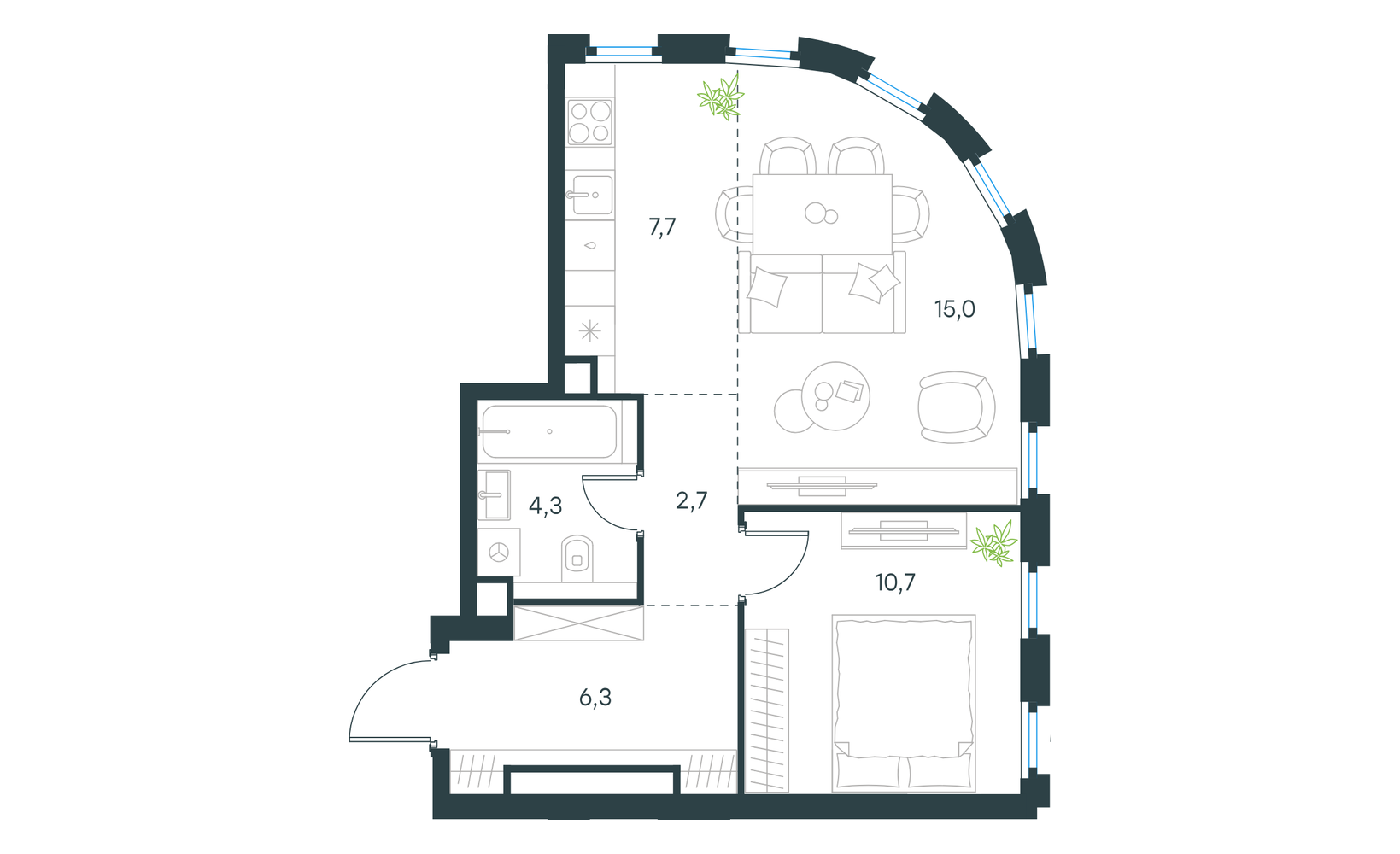 Планировка: 2-комнатная, 46.7 м²