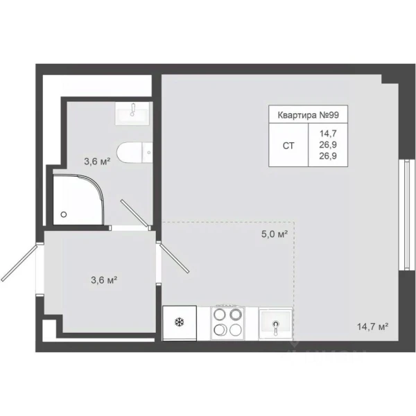 Планировка студии 26,9 м² в Яковлево