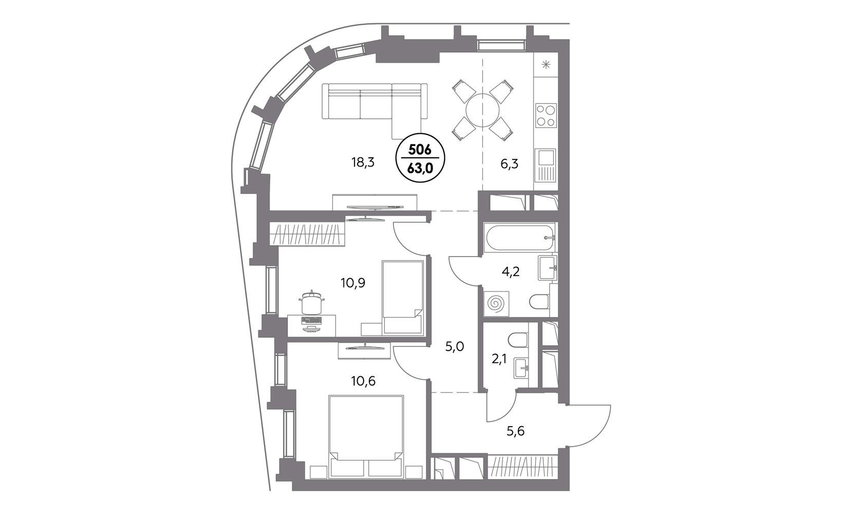 Планировка: 2-комнатная, 63 м²