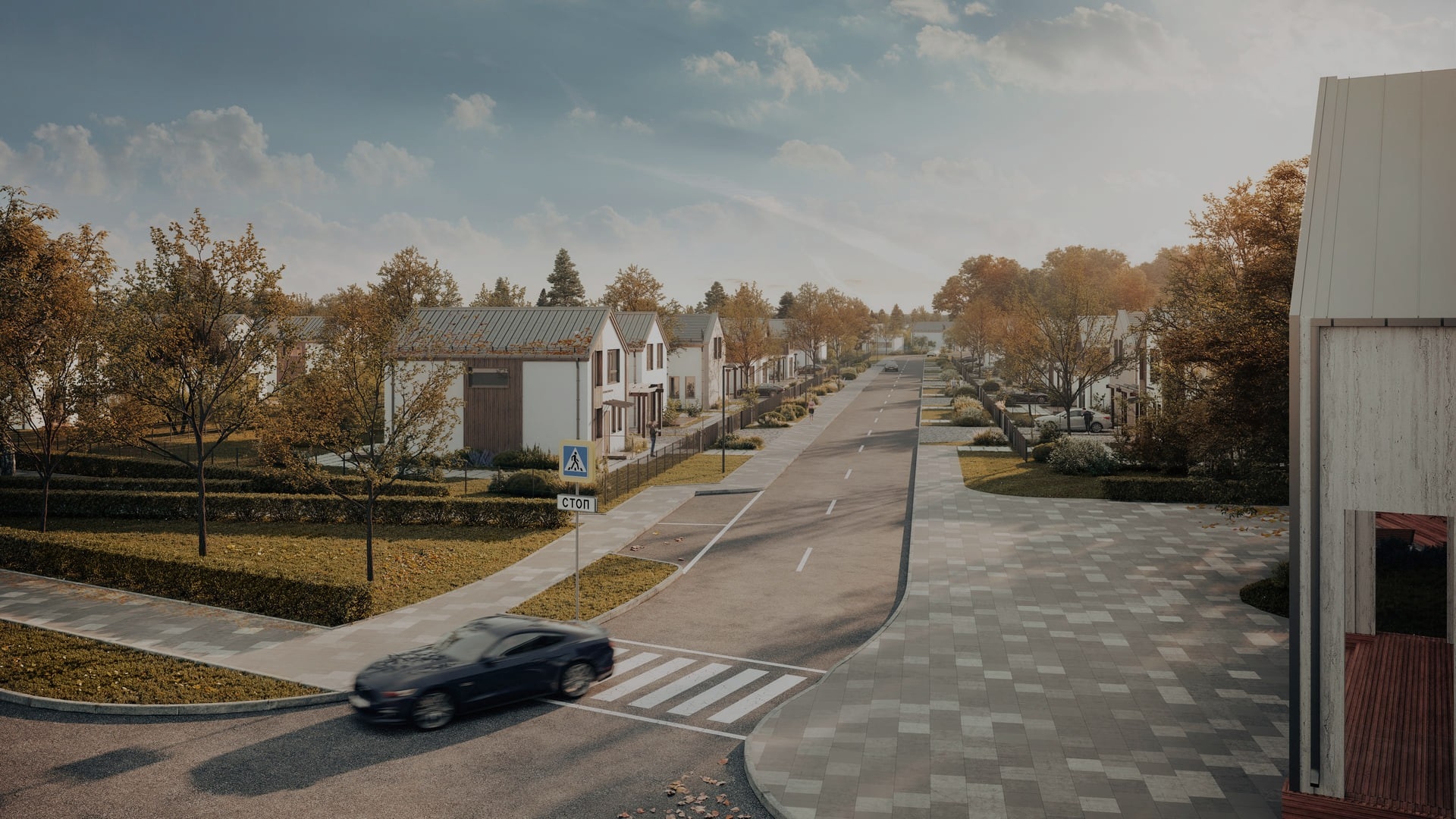 Асфальтированная дорога и пешеходные зоны в коттеджном поселке