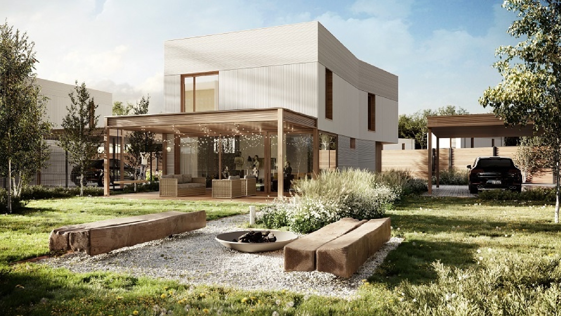 Задний двор загородного дома в поселке бизнес-класса