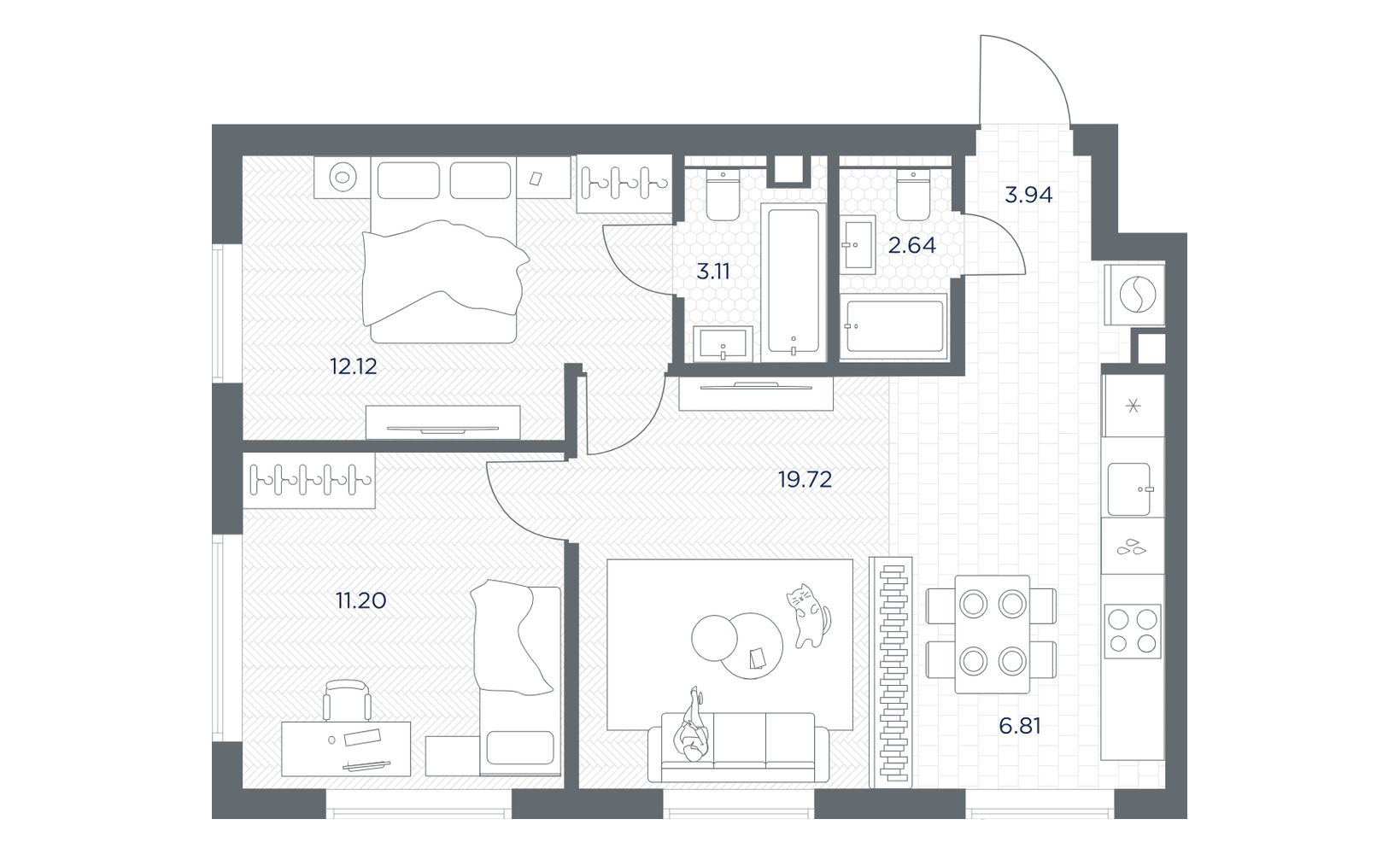 Планировка: 2-комнатная, 59.5 м²