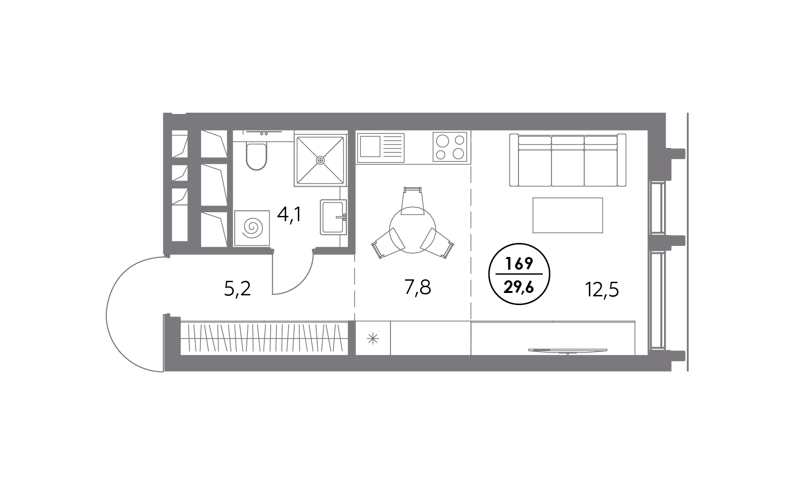 Планировка: Студия, 29.6 м², №125864