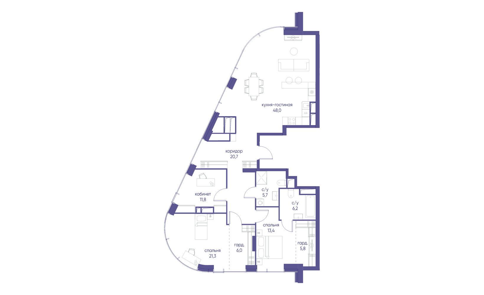 Планировка: 3-комнатная, 138.9 м²
