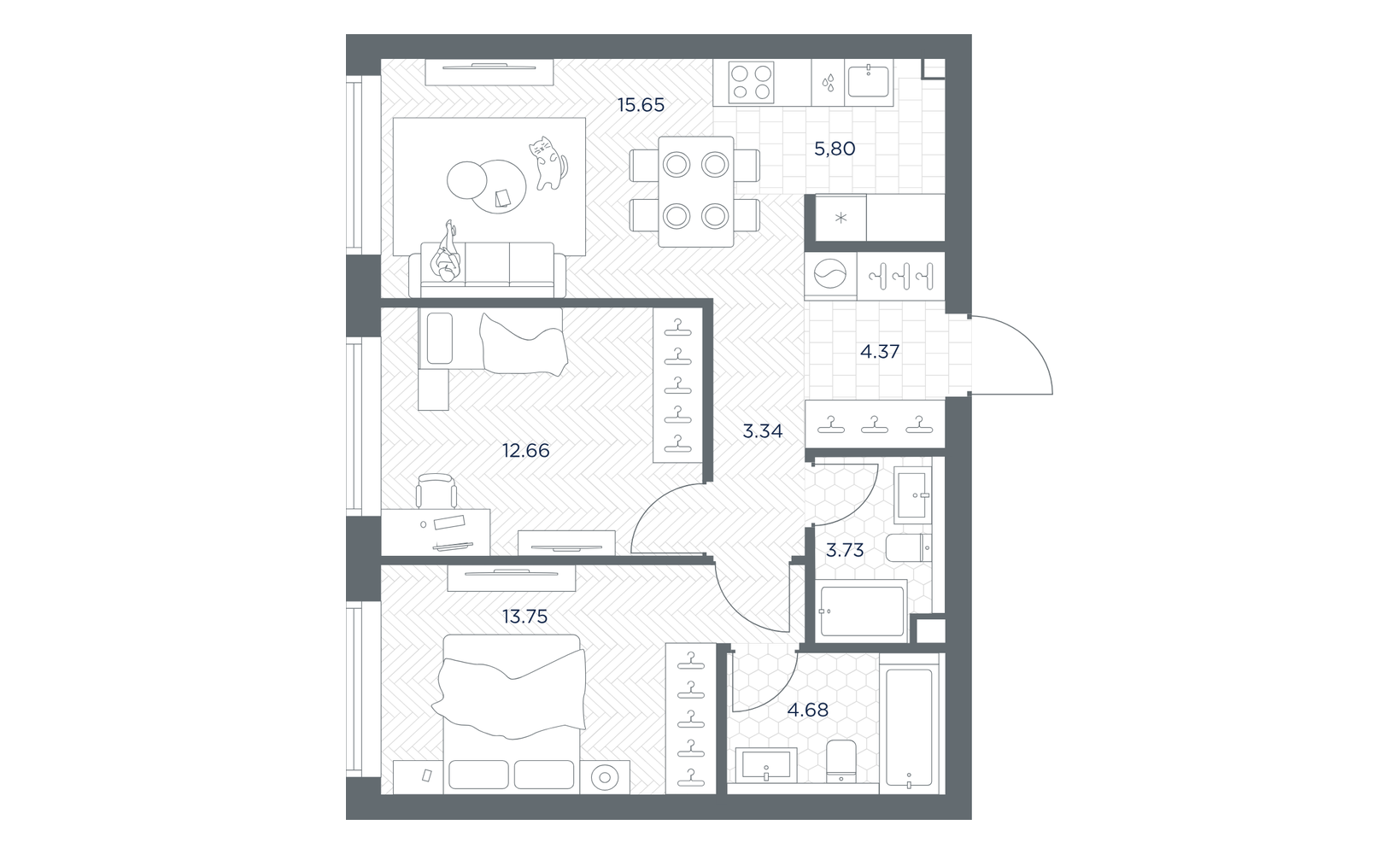 Планировка: 2-комнатная, 64 м²