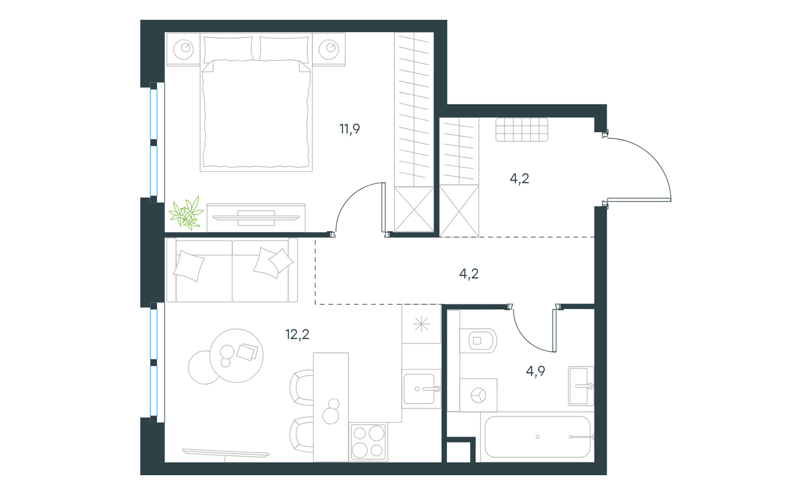 Планировка: 1-комнатная, 37.4 м²
