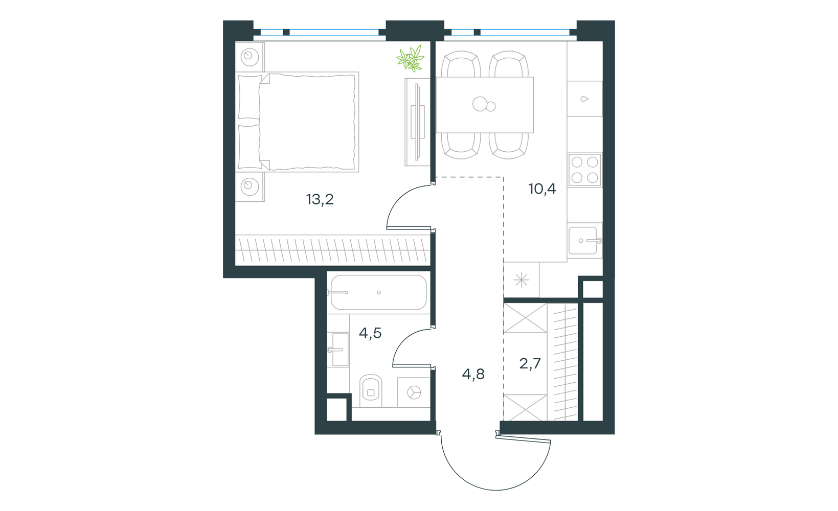 Планировка: 1-комнатная, 35.6 м²